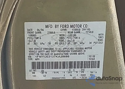 2007 Ford Escape Xlt/Xlt Sport from USA, damaged, VIN 1FMYU03137KA28686